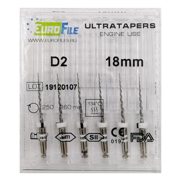 Ultratapers Engine - машинные файлы для перелечивания, 18 мм, размер D2, никель-титан, 6 шт 1880018002 - фото 506224